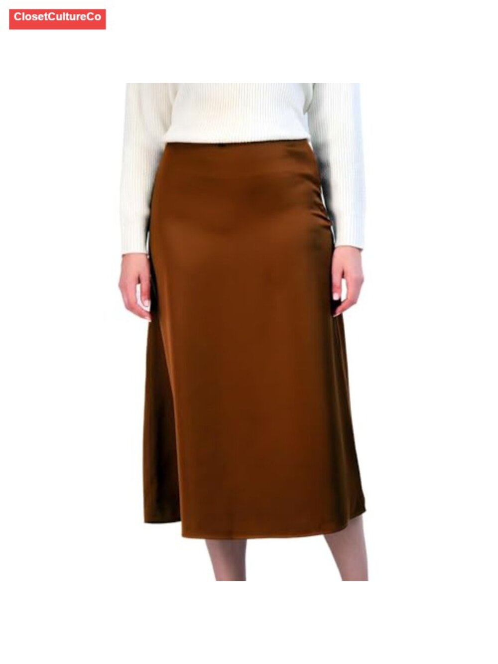 Satin High-Waisted Flared A-Line Midi Skirt for Work or Weekend